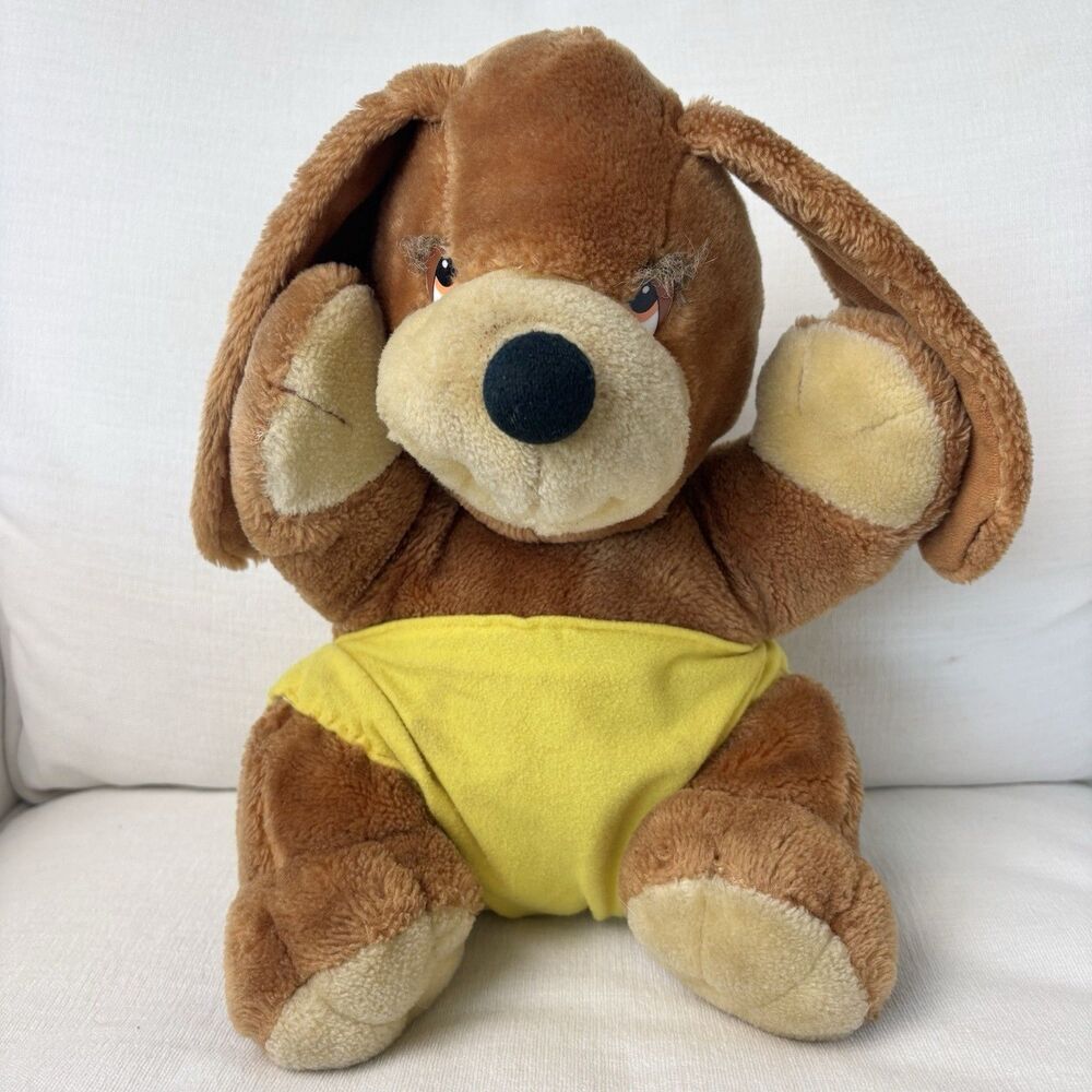 Vintage 1983 Sunburst Pets Brown Puppy Dog Plush Yellow Diaper Commonwealth 80s